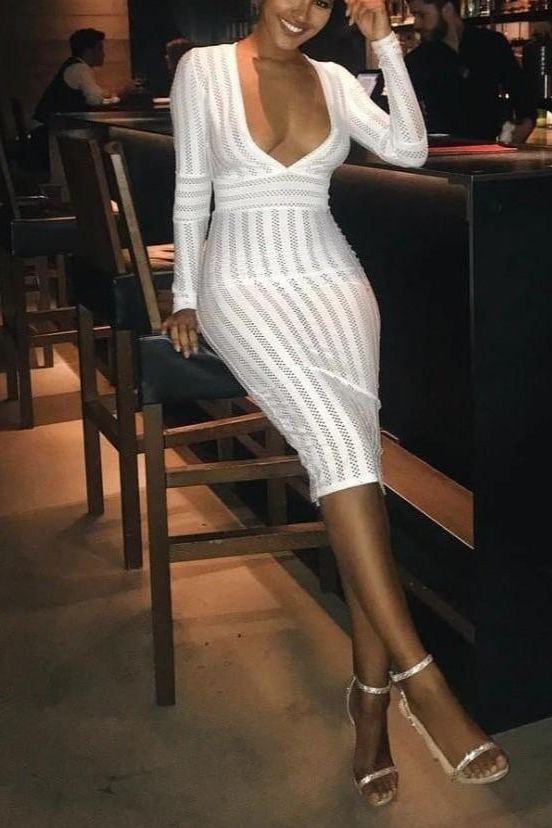 Olivia Long Sleeve Bandage Midi Dress - White Pearl