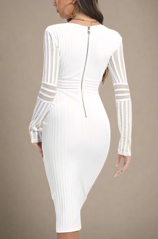 Olivia Long Sleeve Bandage Midi Dress - White Pearl